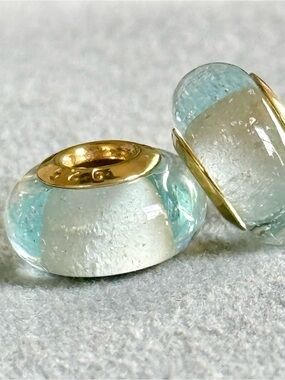 Aquamarine Murano Glass charms set with gold core fit Pandora bracelets